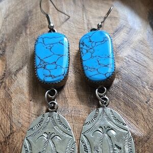 Navajo Earrings Spiderweb Turquoise with stamped silver tabs